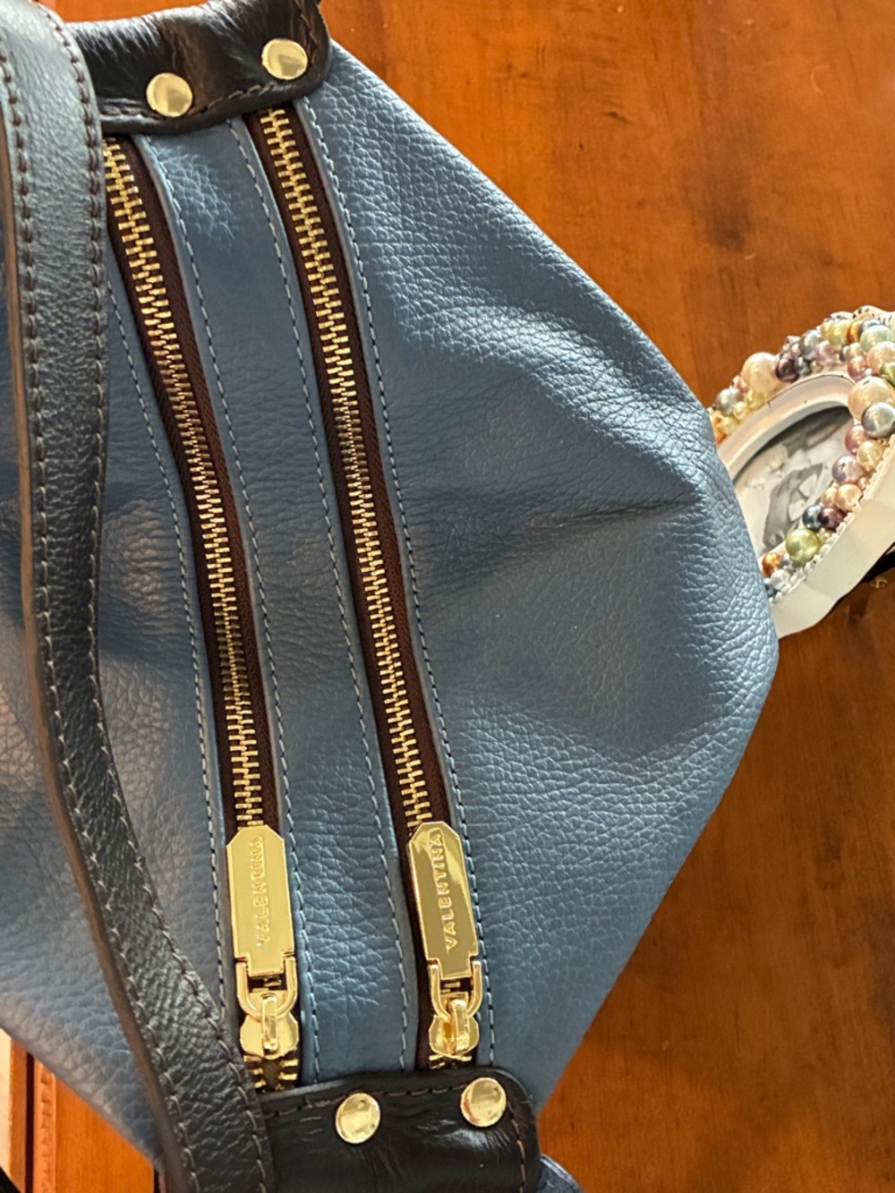 Valentina Blue and Dark Brown Leather Backpack - Picture 8 of 16
